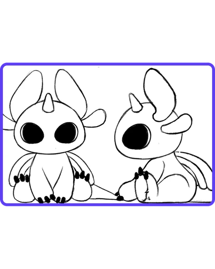 An early concept drawing of two Bloom characters in black line on white paper.