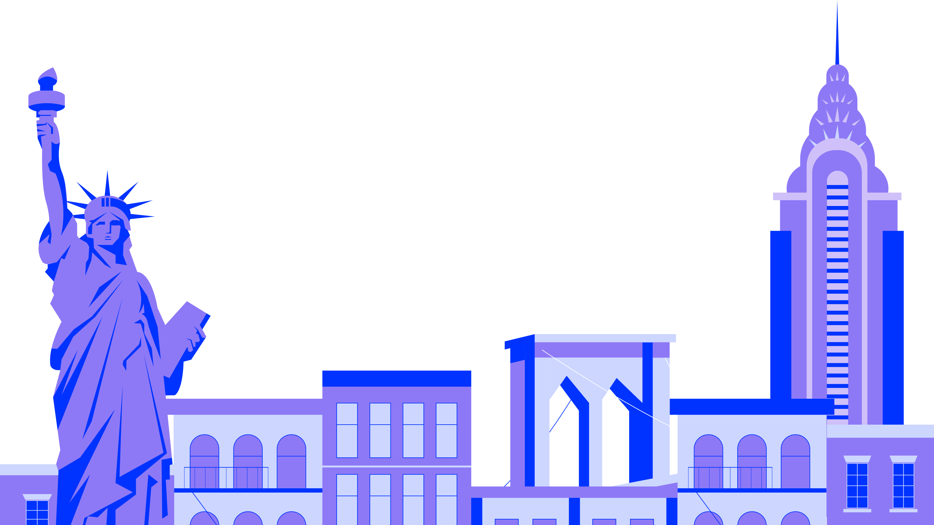 An illustrated New York skyline: the Statue of Liberty, brownstones, the Brooklyn Bridge and the Chrysler Building.
