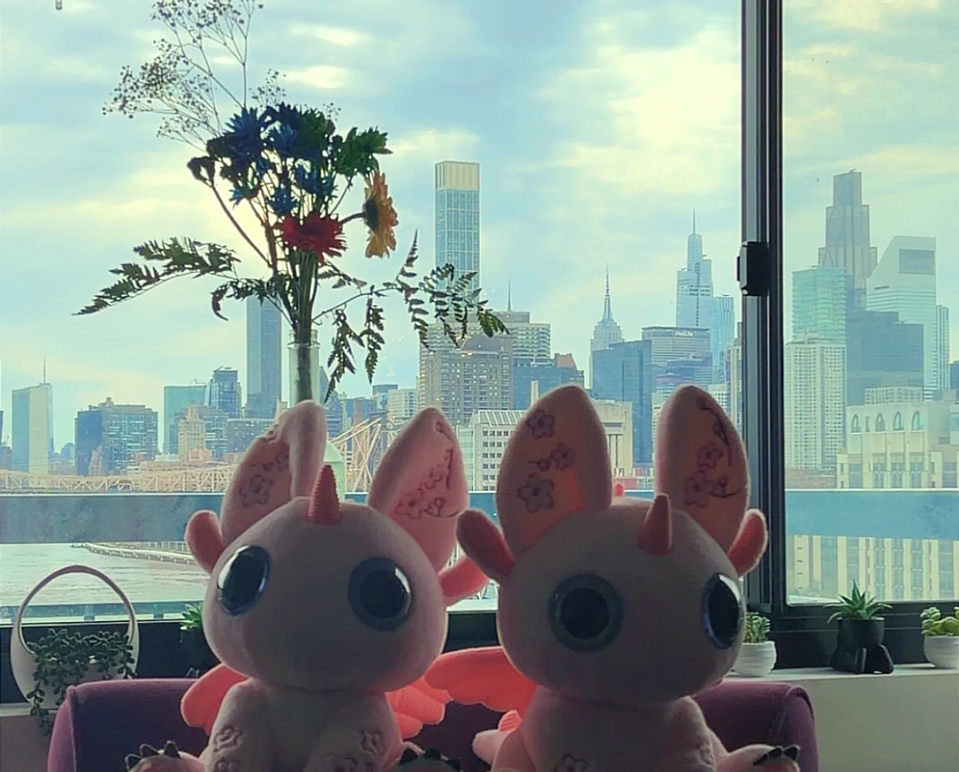 Two pink Blooms sitting on a velvet chair by a window, the Manhattan skyline behind them.