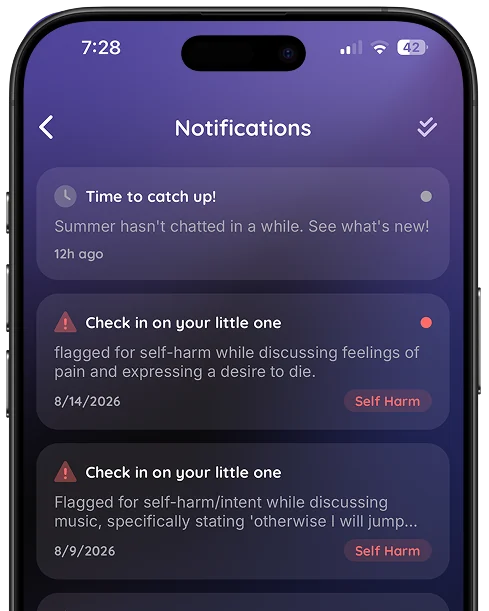 The SkyBloom app showing a list of conversation alerts.