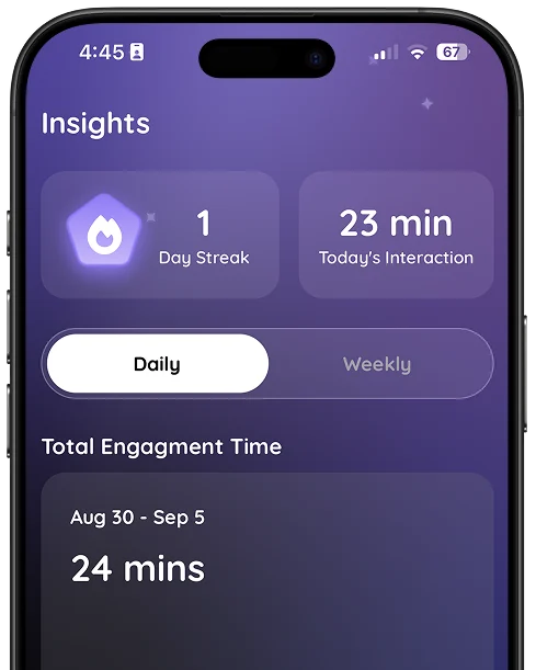 The SkyBloom app showing a day streak and engagement time for the week.