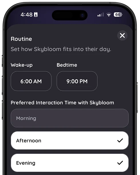 The SkyBloom app showing wake-up and bedtime settings and a preferred time of day.