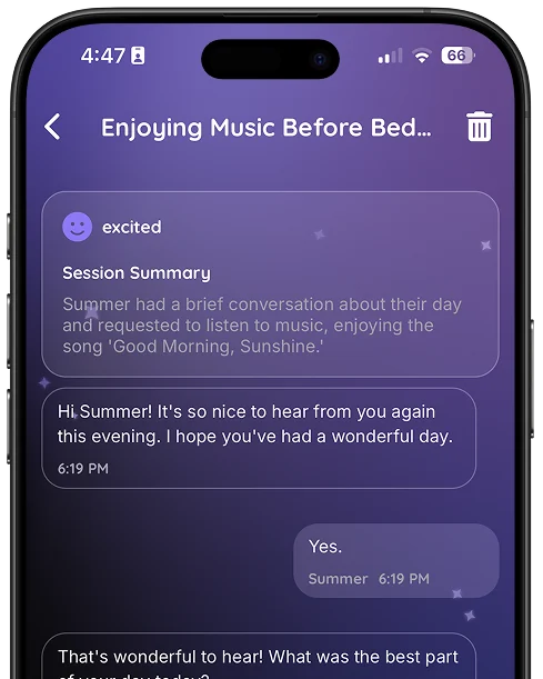 The SkyBloom app showing a session summary and the conversation that followed.