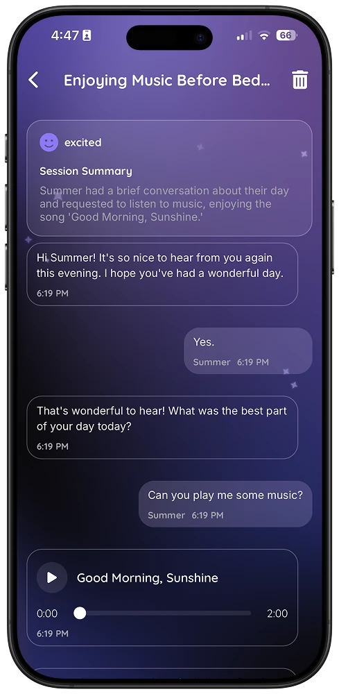 Parent App screen: Conversation highlights, using anonymised demonstration data — two summarised moments from today, each opening the full underlying transcript.