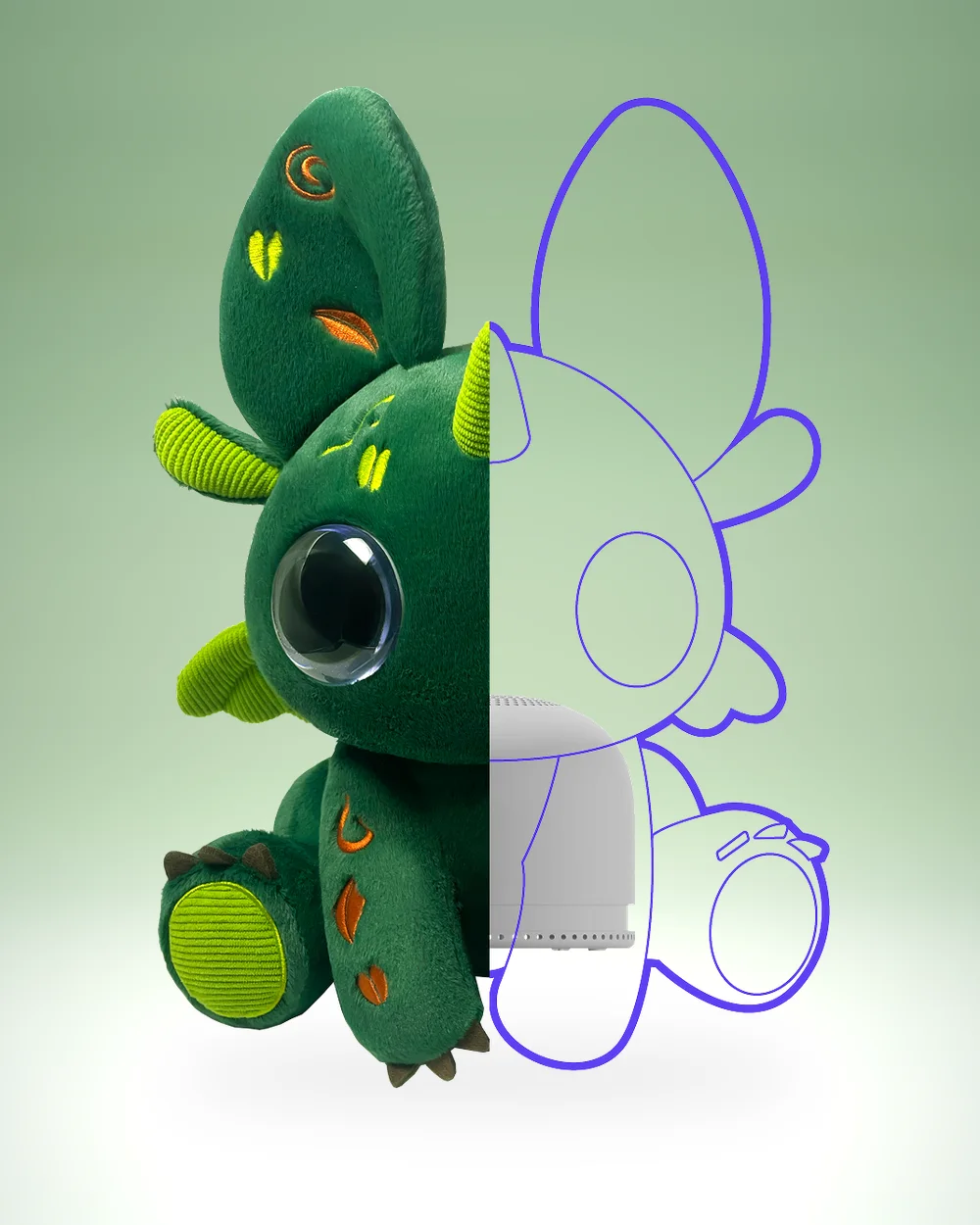 Bloom with one half of the plush pulled back, showing the small speaker inside and an outline of the toy.