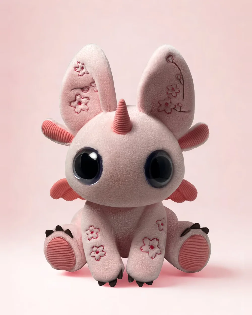 Cherry Blossom Pink Bloom, a soft plush companion with large eyes, tall ears and a small horn.